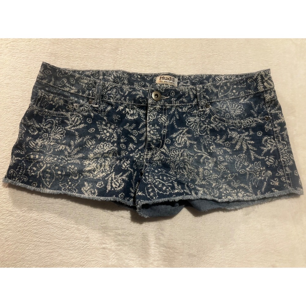 Mudd Shorts Womens 15  Floral Paisley Low Rise Denim Cut Off Boho‎ Frayed Blue